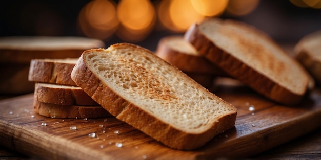 Photo closeup of freshly toasted bread slices on wooden board