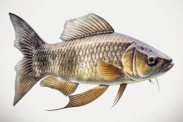 Photo closeup of a freshwater fish on a white background a member of the cyprinidae family of fish the grass carp has the type species ctenopharyngodon idella