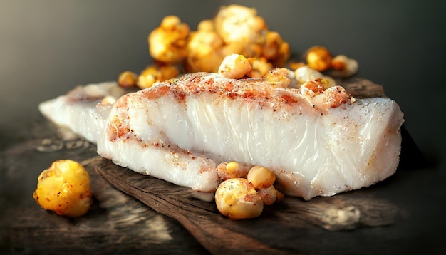 Closeup of fried cod loin with vegetable roast potatoes and cherry tomatoes on wooden table