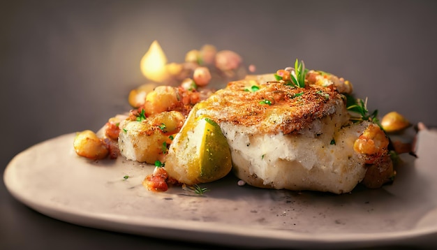 Closeup of fried cod loin with vegetable roast potatoes and cherry tomatoes on wooden table