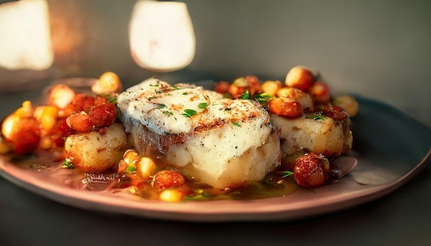 Closeup of fried cod loin with vegetable roast potatoes and cherry tomatoes on wooden table