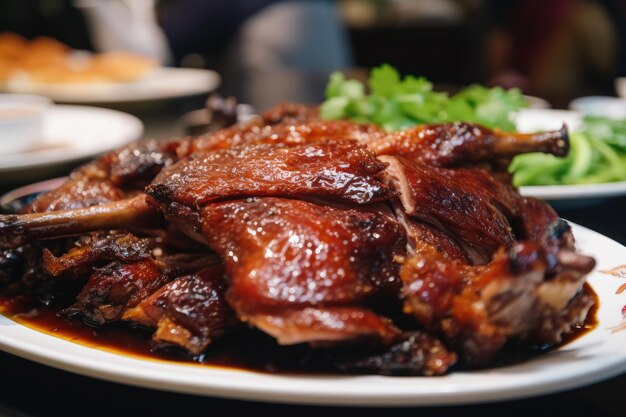 Closeup of fried duck with its crispy skin and juicy meat on full display created with generative ai