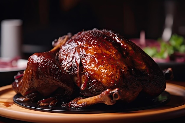 Closeup of fried duck with its crispy skin and moist meat in full view created with generative ai