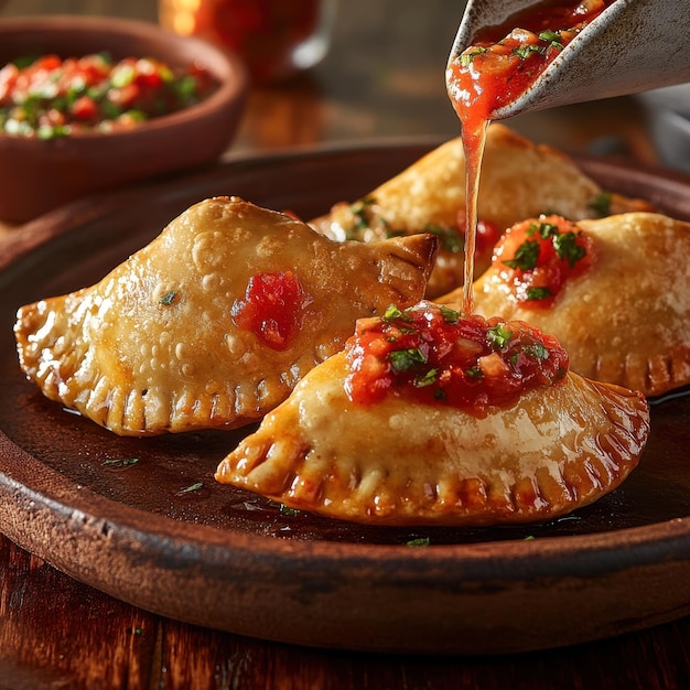 Photo closeup of fried empanadas with tomato salsa and drizzling sauce