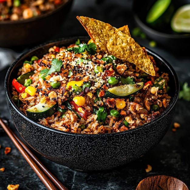 Closeup of Fried Rice with Vegetables and Crispy Topping in Black Bowl