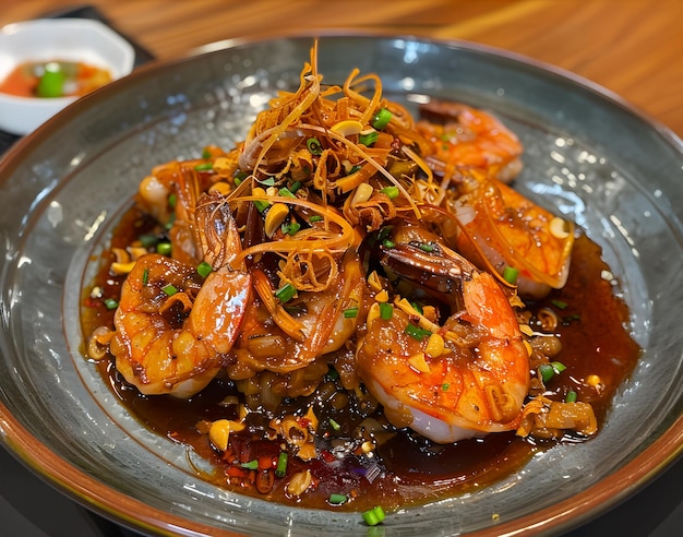 Closeup of fried shrimp with tamarind sauce