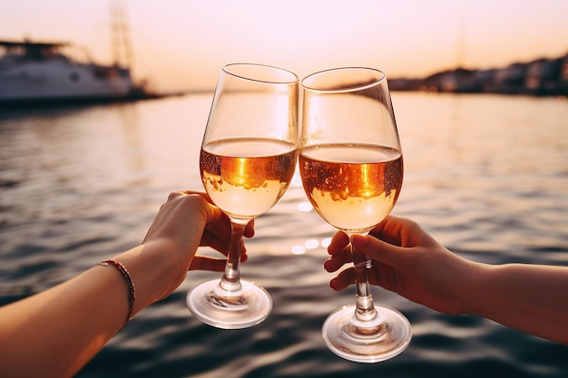 In a closeup friends toast with sparkling wine glasses on a yacht at sunset