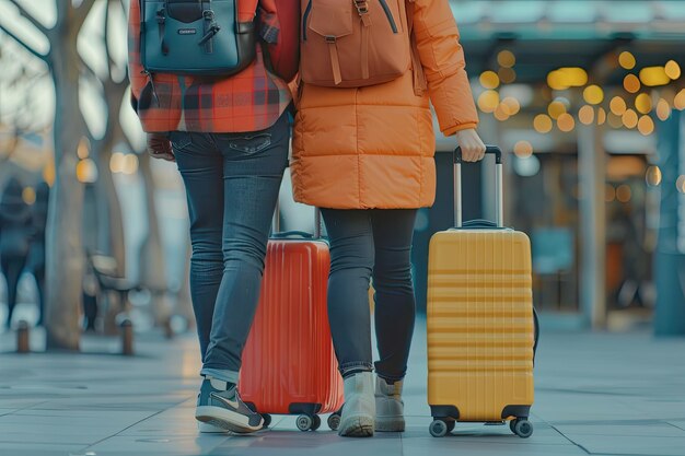 Closeup friends traveling with luggage