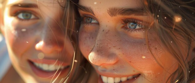 Photo closeup of friends with smiling eyes at a picnic