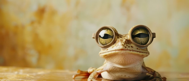 Photo a closeup of a frog wearing round glasses on a brown surface