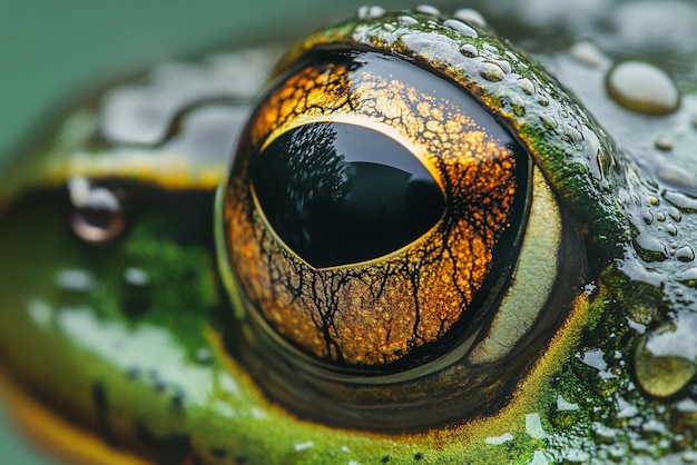 Photo closeup of a frogs eye with water droplets