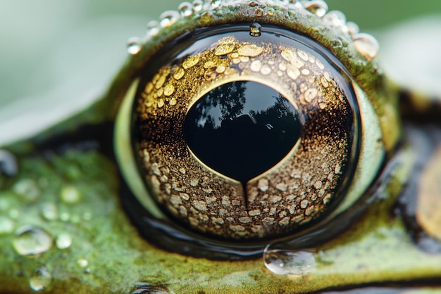 Photo closeup of a frogs eye with water droplets