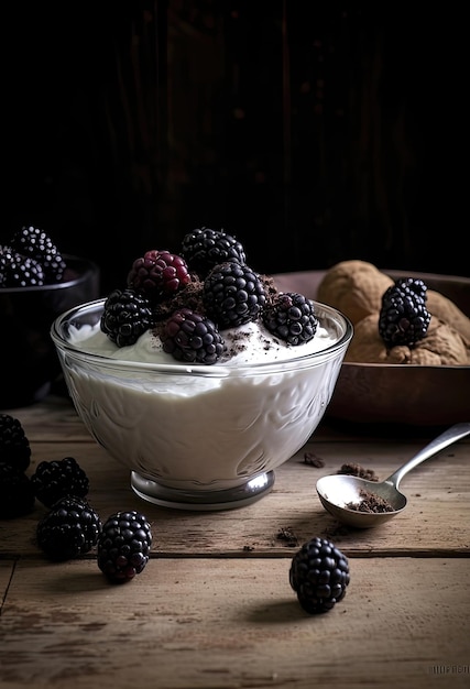 Closeup from above view of glass with walnut granola mixed with blueberries and yogurt placed on wooden chopping board near jar Created with Generative AI technology