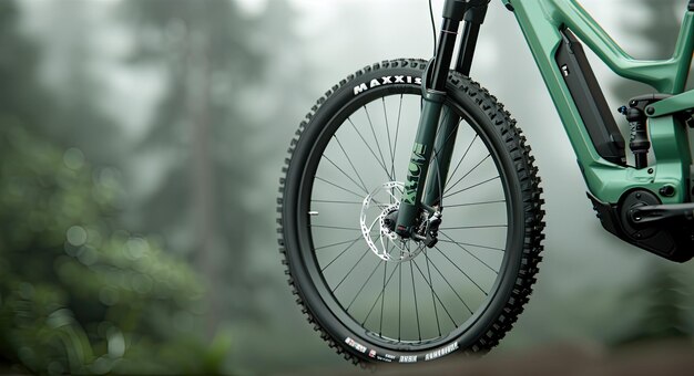 A closeup of the front wheel of a green electric mountain bike with a suspension fork