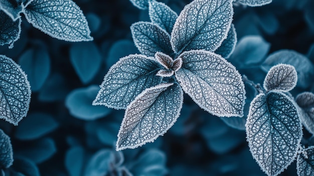 Photo a closeup of frosted leaves in a cool blue hue