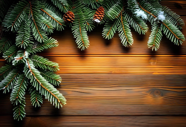 A closeup of frosty branches on a wooden background with space for text