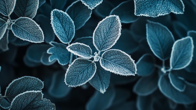 Photo closeup of frosty green leaves on a plant