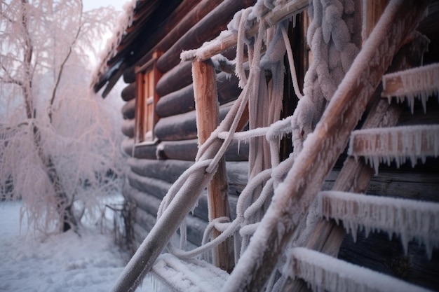 Closeup of frosty wooden planks and rope ladder created with generative ai