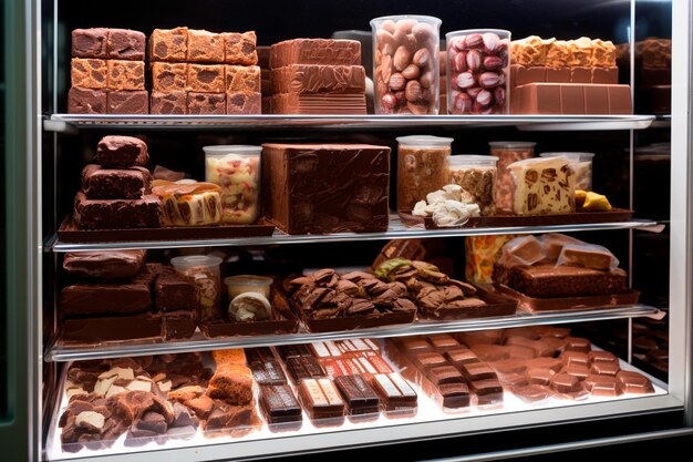 Closeup of frozen chocolate inventory ready for sale A tempting variety waiting to sweeten your day