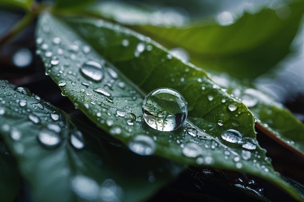 Closeup of a frozen raindrop on a leaf