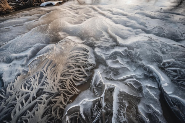 Closeup of frozen river with intricate patterns and textures visible