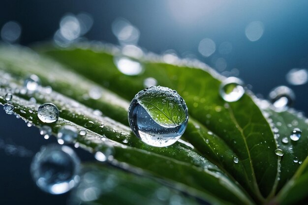 Closeup of a frozen water droplet on a leaf