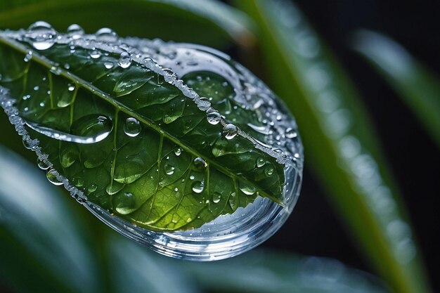 Closeup of a frozen water droplet on a leaf