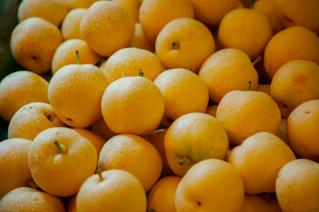 Closeup fruit stand shelf fresh pears