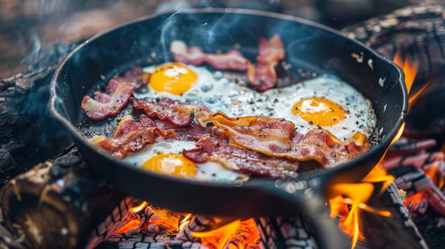 A closeup of a frying pan with bacon and eggs cooking over