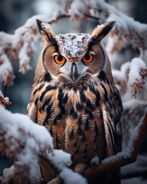 Closeup full body portrait of bird of prey brown eagle owl sitting on tree branch in snowy forest