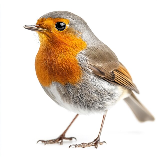 Closeup fullbody view of a robin isolated on solid white natural light enhancing birds colors