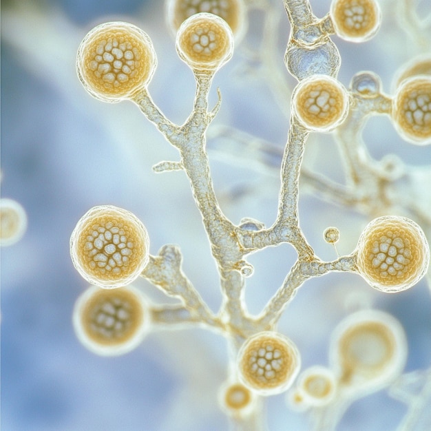 A closeup of fungal structures such as Candida or Aspergillus under a microscope