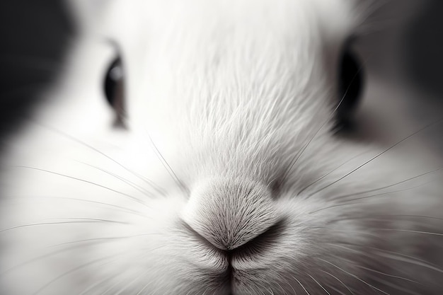 Closeup funny fluffy rabbit mouth whiskers and nose Young little bunny Happy Easter concept