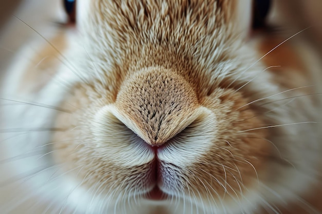 Closeup funny fluffy rabbit mouth whiskers and nose Young little bunny Happy Easter concept