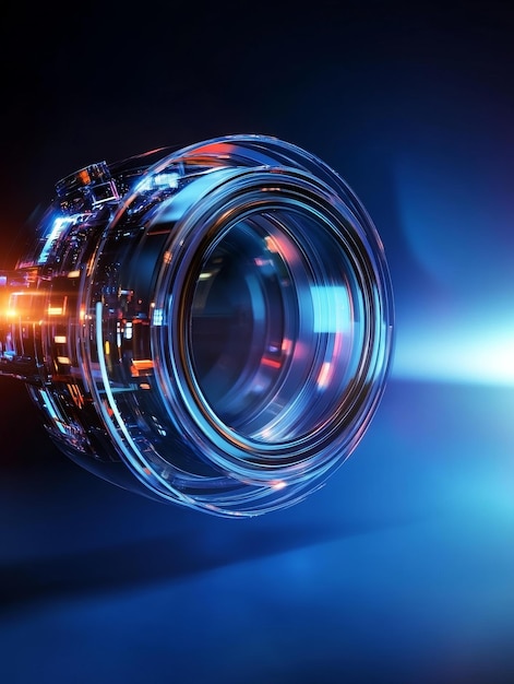 Photo a closeup of a futuristic camera lens with glowing blue and orange lights symbolizing innovat