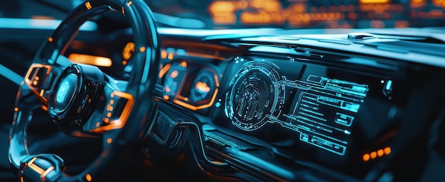 Photo closeup of a futuristic car dashboard featuring a digital interface with holographic displays and advanced controls