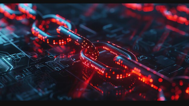 Photo a closeup of a futuristic chain with red glowing lights laying on a circuit board