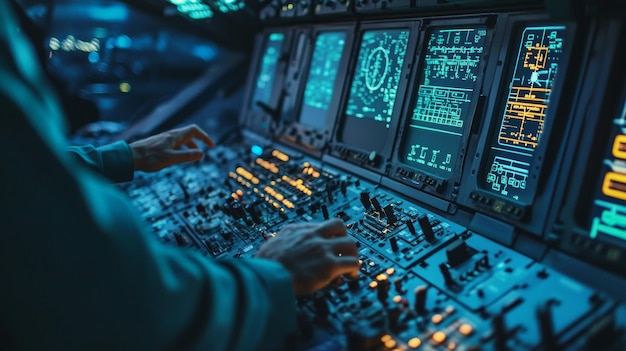 A closeup of a futuristic control panel with glowing displays and buttons