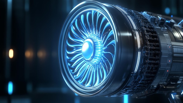 A closeup of a futuristic engine with a glowing blue core symbolizing power innovation spee