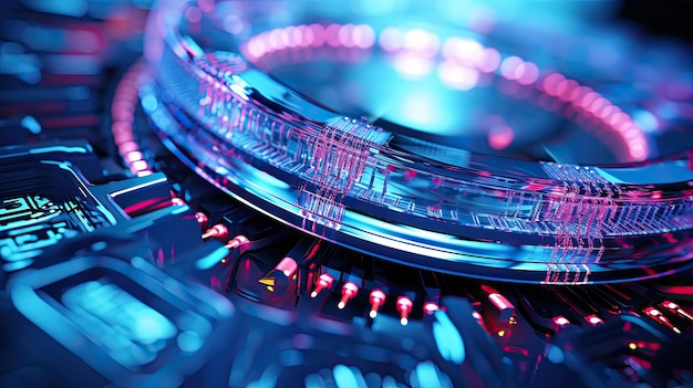 Closeup of futuristic glowing microchip with blue and pink neon lights background