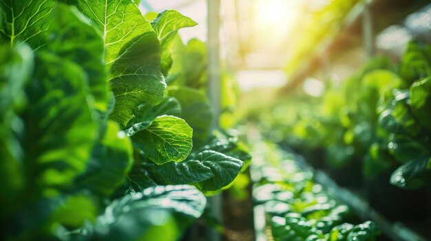 Photo closeup of futuristic hydroponic equipment inside a modern greenhouse