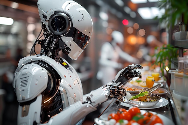 Closeup of a futuristic robot chef preparing a gourmet meal in a hightech kitchen