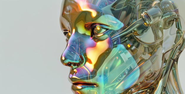 Closeup of a futuristic robot face with colorful reflections advanced technology concept