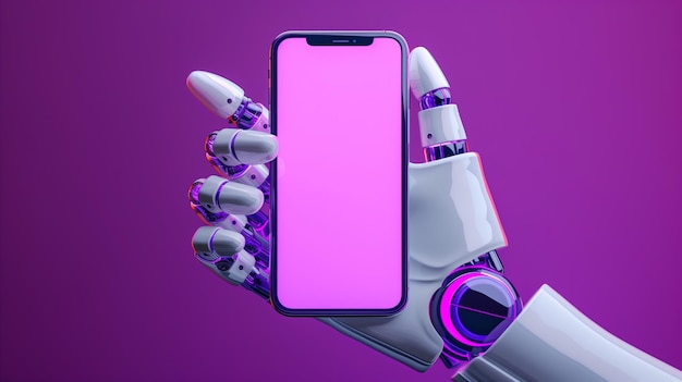 Closeup of futuristic robot hand holding smartphone with blank screen mobile cell phone with blank