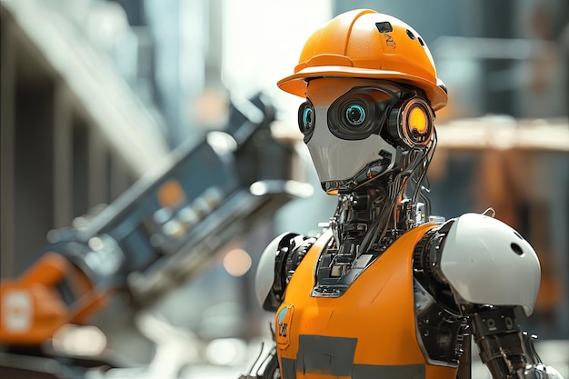 Photo closeup of a futuristic robot wearing a hard hat and safety vest standing in a construction site