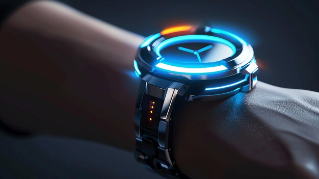 Closeup of a futuristic wristwatch with a blue and orange glowing display