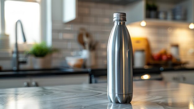 Photo closeup of a futuristiclooking reusable water bottle on a kitchen counter