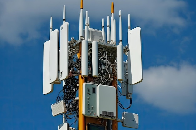 Closeup of a g tower with cables and antennas connecting to the network