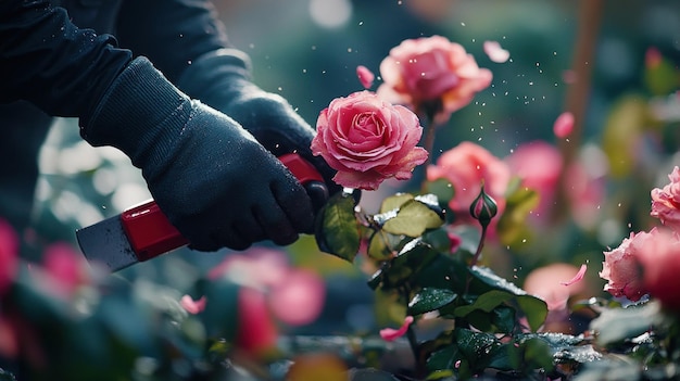 Photo closeup of a gardener cutting a pink rose