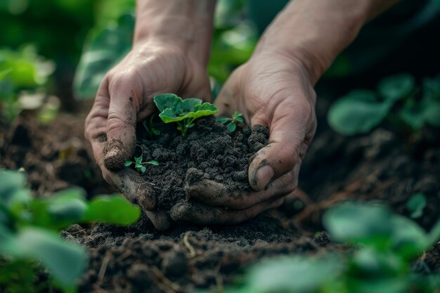 Closeup of Gardeners Hands in Vegetable Patch